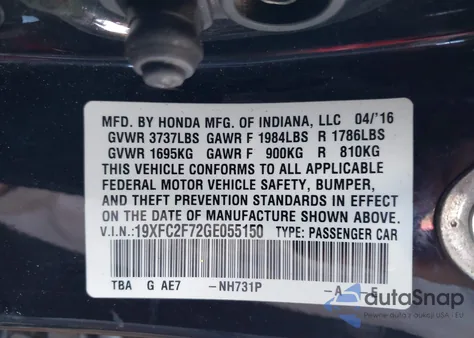 2016 Honda Civic Ex из США, поврежденный, VIN 19XFC2F72GE055150